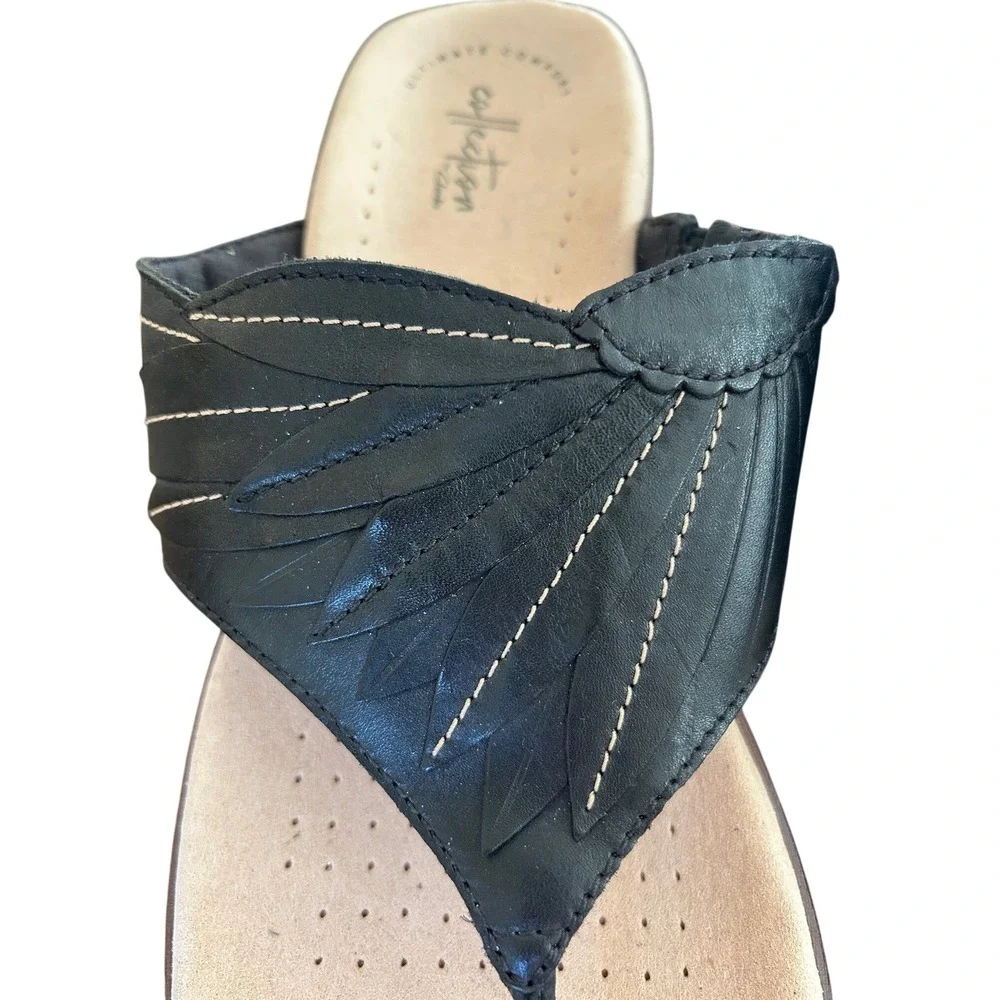 Clarks Collection Women Black Leather Wedge Thong Flip Flop Sandals‎ Size 11